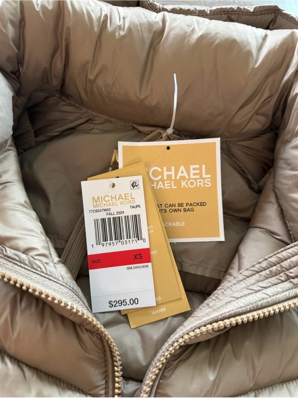Michael Kors Quilted Hooded Packable Puffer Coat - Taupe